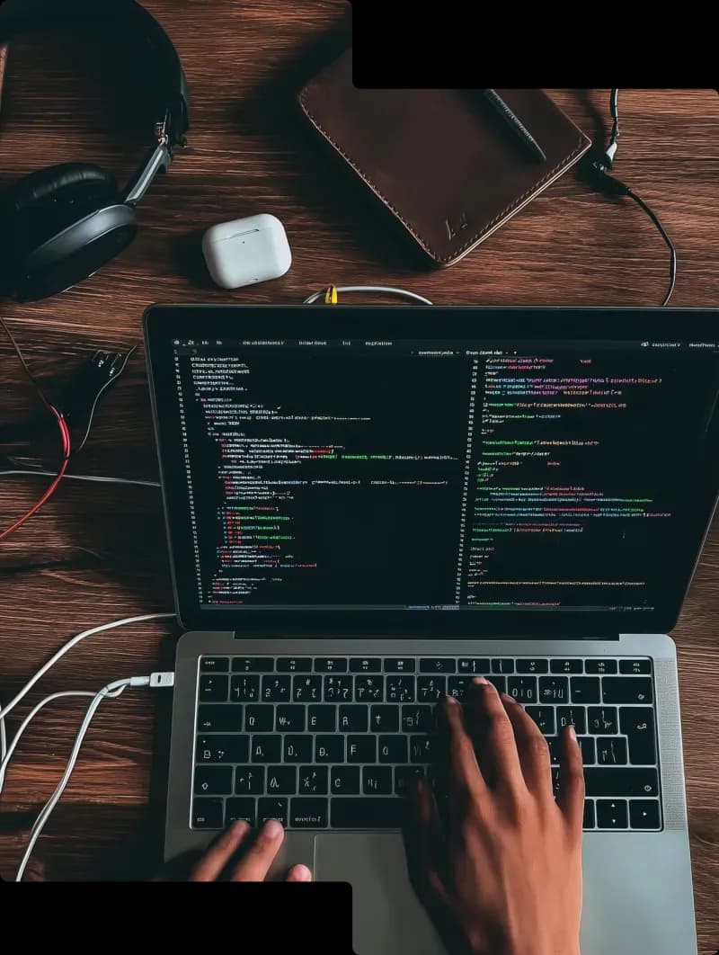Person typing on a laptop with a code editor, headphones, AirPods case and notebook on a wooden desk.